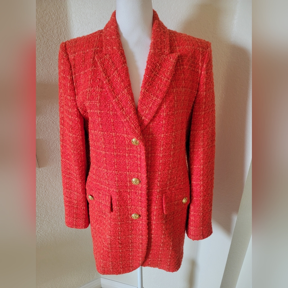 Zara Tweed Blazer Vibrant Red/Orange, Gold Buttons, Size Medium - Picture 2 of 15